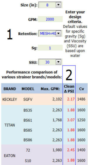 Screen Capture of our Strainer Performance Comparison Tool